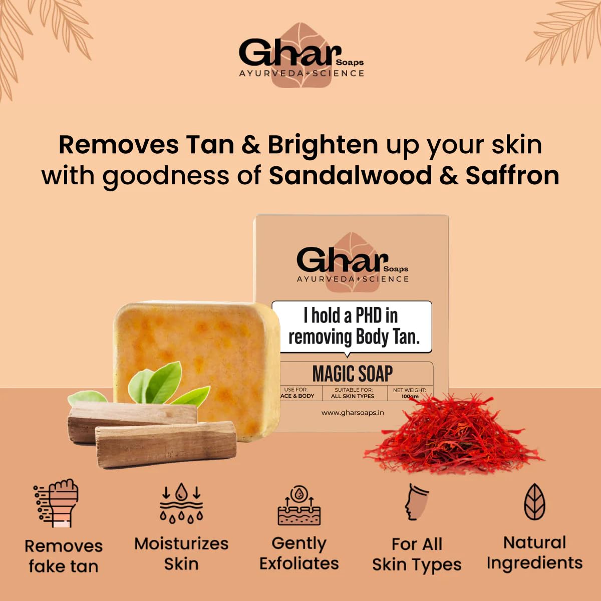 Ghar Soaps Sandalwood & Saffron Magic Soaps For Bath (100 Gms Pack Of 1)